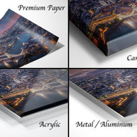 The image is a collage of four different views of a cityscape at night, showcasing the city's skyline and surrounding areas.