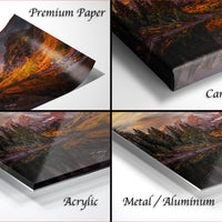 The image is a collage of four different views of a landscape photograph, including a close-up of the paper, a close-up of the canvas wrap, and a close-up of the metal or aluminum finish.