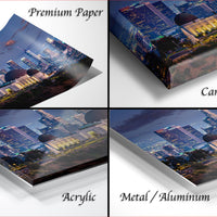 The image is a collage of four photos depicting a city skyline at night, with the city lights illuminating the buildings.