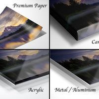 The image is a collage of four different images, each depicting a landscape scene with mountains and trees. The images are labeled as "Premium Paper", "Canvas Wrap", "Acrylic", and "Metal/Aluminum".