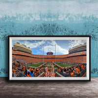 A framed photograph of a crowded football stadium with a large crowd of spectators, a large scoreboard, and a large field.
