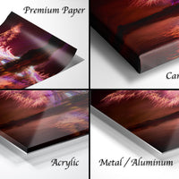 The image is a collage of four different views of a printed artwork, including a close-up of the paper, a close-up of the canvas wrap, and three different perspectives of the artwork itself.