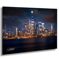A nighttime cityscape with a full moon and a skyline of illuminated skyscrapers.