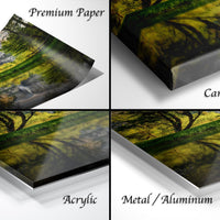 The image is a collage of four different views of a landscape photograph, including a close-up of the paper, a close-up of the canvas wrap, and a close-up of the acrylic and metal/aluminum finishes.