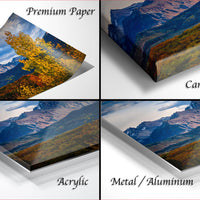The image is a collage of four different images, each depicting a mountainous landscape. The images are labeled as "Premium Paper", "Canvas Wrap", "Acrylic", and "Metal/Aluminum".