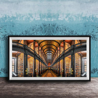 a grand library with a long row of bookshelves stretching into the distance, creating a sense of depth and perspective.