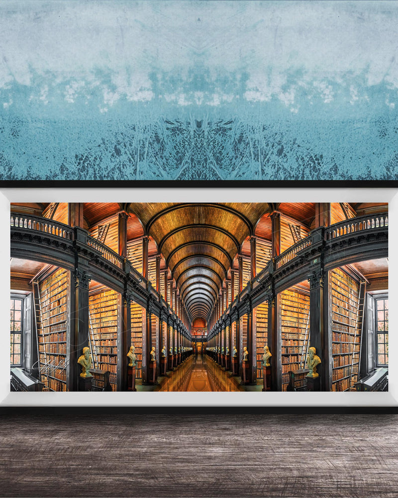 a grand library with a long row of bookshelves stretching into the distance, creating a sense of depth and perspective.