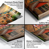 The image is a collage of four photos featuring a building with a red roof, a sign for Coca-Cola, and a building with a red roof. The collage includes three different views of the building and the Coca-Cola sign, as well as a gallery-wrapped canvas print of the building and the sign.