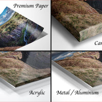 The image is a collage of four different images, each depicting a landscape scene. The images are labeled as "Premium Paper", "Canvas Wrap", "Acrylic", and "Metal/Aluminum".