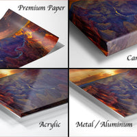 The image is a collage of four different images, each depicting a landscape with mountains, valleys, and a sunset. The images are labeled as "Premium Paper", "Canvas Wrap", "Acrylic", and "Metal/Aluminum".