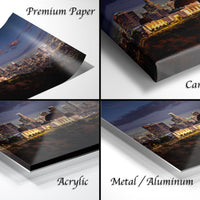 The image is a collage of four different views of a city skyline at night, showcasing the city's lights and architecture.