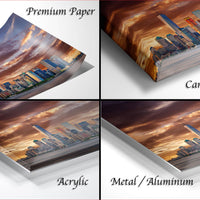 four different views of a city skyline at sunset, with the cityscape appearing on a piece of paper, a canvas wrap, and a metal or aluminum surface.