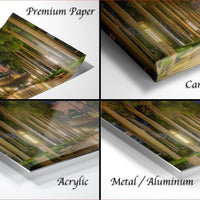 The image is a collage of four different views of a printed artwork, including a close-up of the paper, a close-up of the canvas wrap, and three different angles of the artwork itself.
