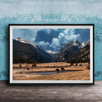 A framed photograph depicting a serene landscape with snow-capped mountains, a river, and grazing animals in a field.
