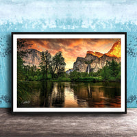a serene landscape with a calm lake reflecting the vibrant colors of the sky, surrounded by lush greenery and towering mountains.