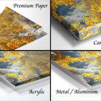 The image is a collage of four different images, each depicting a tree with yellow leaves against a blue sky background. The images are labeled as "Premium Paper", "Canvas Wrap", "Acrylic", and "Metal/Aluminum".