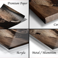 The image is a collage of four different close-up views of a wooden surface, each with a different finish: "Premium Paper", "Canvas Wrap", "Acrylic", and "Metal/Aluminum".
