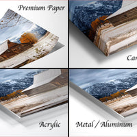 The image is a collage of four different pictures, each depicting a snowy landscape with a wooden building. The images are labeled as "Premium Paper", "Canvas Wrap", "Acrylic", and "Metal/Aluminum".