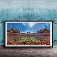 A framed photograph of a crowded football stadium with a large field and a scoreboard, set against a blue wall with a textured pattern.