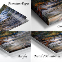 The image is a collage of four different images, each depicting a waterfall scene. The images are labeled as "Premium Paper", "Canvas Wrap", "Acrylic", and "Metal/Aluminum".