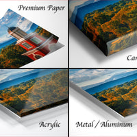 The image is a collage of four different images, each depicting a landscape scene. The images are labeled as "Premium Paper", "Canvas Wrap", "Acrylic", and "Metal/Aluminum".