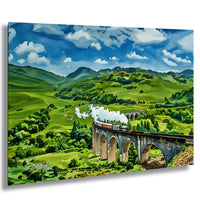 A painting depicting a train traveling on a curved stone bridge over a lush green valley, with rolling hills and a blue sky with white clouds in the background.