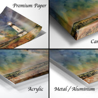 The image is a collage of four different types of print materials, including a premium paper, a canvas wrap, an acrylic print, and a metal/aluminum print.