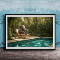 A large elephant sits on a wooden lounge chair in a lush, green forest, with a swimming pool in the foreground.