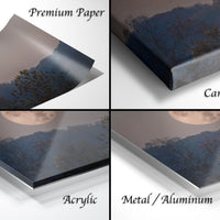 The image is a collage of four different views of a landscape featuring a full moon and trees. The collage includes three different types of materials: premium paper, canvas wrap, and acrylic.