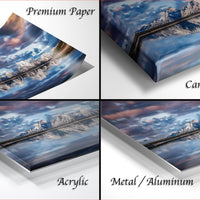 four different views of a landscape photograph, including a close-up of the mountains, a canvas wrap, and a close-up of the mountains on a piece of paper.