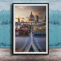 a cityscape with a bridge spanning across a river, surrounded by tall buildings and a domed structure, likely a cathedral or other significant landmark.