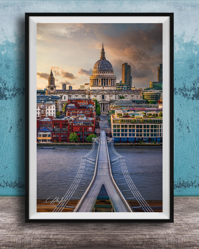 a cityscape with a bridge spanning across a river, surrounded by tall buildings and a domed structure, likely a cathedral or other significant landmark.