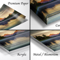 The image is a collage of four different views of a landscape photograph, including a premium paper, a canvas wrap, an acrylic, and a metal/aluminum.