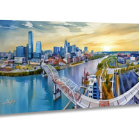 Nashville skyline drone print, aerial view of Cumberland River, Nashville pedestrian bridge wall art, Titans stadium sunset photo, Batman Building skyline print, Music City photography wall decor, Tennessee cityscape metal print, downtown Nashville at golden hour, autumn skyline photo Nashville, faith inspired city wall art, Christian drone photographer print, sunset worship skyline art, modern Nashville wall piece, drone cityscape faith based print, Nashville art for living room