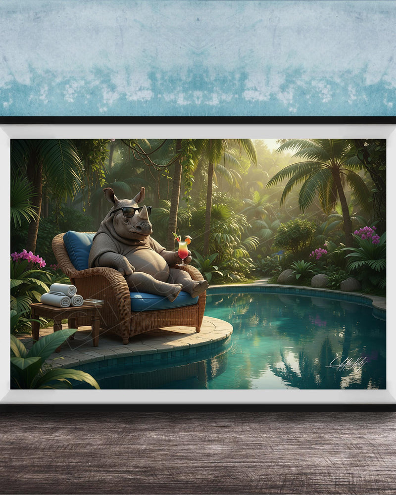 A whimsical scene featuring a rhinoceros sitting in a wicker chair by a pool, surrounded by lush tropical foliage and flowers.