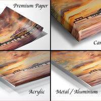 four different views of a sunset over a pier, with the text "Premium Paper", "Canvas Wrap", "Acrylic", and "Metal/Aluminum" indicating the materials used to print the artwork.