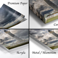 The image is a collage of four different views of a lighthouse, each with a different material or finish, including "Premium Paper", "Canvas Wrap", "Acrylic", and "Metal/Aluminum".