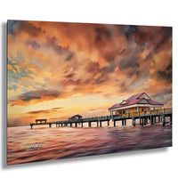 Clearwater Beach aerial photo, Florida pier wall art, sunset over Gulf of Mexico, Tampa Bay drone print, coastal home decor photography, aerial view Clearwater Pier, Florida sunset wall hanging, Gulf Coast pier artwork, Clearwater sunset photograph, drone photo of Pier 60 at dusk, ocean landscape fine art print, Florida seascape wall decor