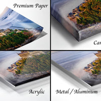 The image is a collage of four different views of a landscape, including a premium paper print, a canvas wrap, an acrylic print, and a metal/aluminum print.