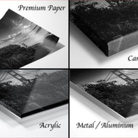 four different views of a black and white photograph of a bridge, with each view labeled as either "Premium Paper", "Canvas Wrap", "Acrylic", or "Metal/Aluminum".