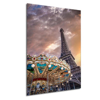 a colorful carousel in front of the Eiffel Tower, with a dramatic sky in the background.