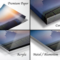 The image is a collage of four different types of printed materials, including a premium paper, a canvas wrap, an acrylic, and a metal/aluminum.