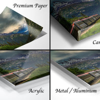 The image is a collage of four different images, each depicting a scenic landscape with mountains, trees, and a train. The images are labeled as "Premium Paper", "Canvas Wrap", "Acrylic", and "Metal/Aluminum".