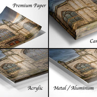 The image is a collage of four different views of a stone building, including a close-up of the building's facade, a top-down view, a side view, and a bottom-up view.