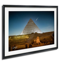 the Great Pyramid of Giza in Egypt, with the Sphinx and the Giza Plateau visible in the background.