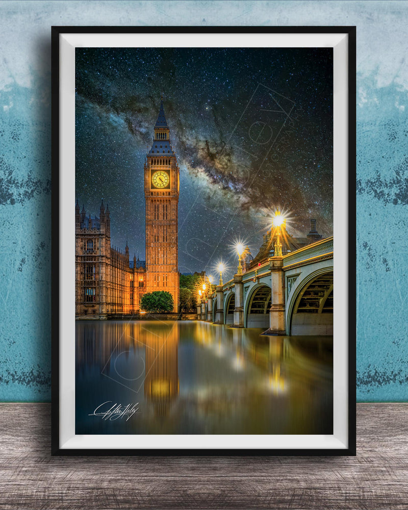 a night scene in London, featuring the iconic Big Ben clock tower and the River Thames, with a starry sky overhead.