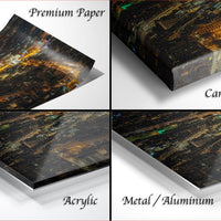 The image is a collage of four different views of a cityscape at night, showcasing various materials such as paper, canvas wrap, acrylic, and metal/aluminum.