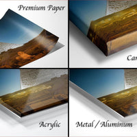 The image is a collage of four different images, each depicting a landscape scene. The images are labeled as "Premium Paper", "Canvas Wrap", "Acrylic", and "Metal/Aluminum".