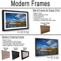 The image is a collage of two framed pictures, one of a cityscape and the other of a river. The collage features a modern floating frame and a mat & frame for paper print.