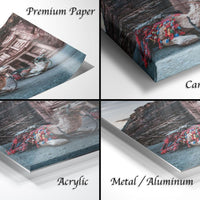 The image is a collage of four different views of a camel, each with a different description. The first view is labeled "Premium Paper", the second view is labeled "Canvas Wrap", the third view is labeled "Acrylic", and the fourth view is labeled "Metal/Aluminum".